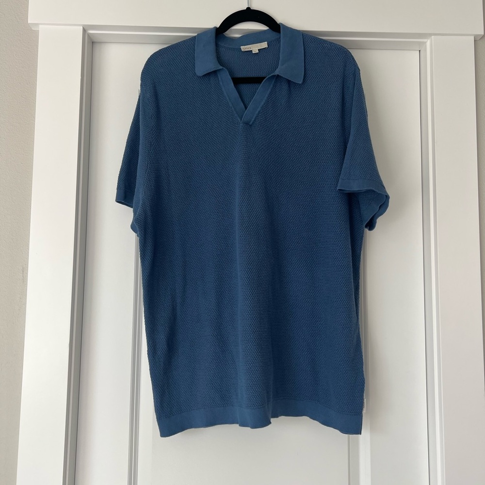 Onia Cotton Textured Johnny Collar Polo Vintage Indigo Blue Size XL